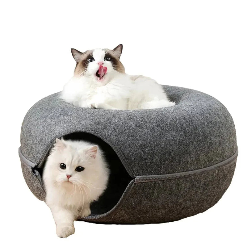 lit pour chat tunnel gris fond blanc